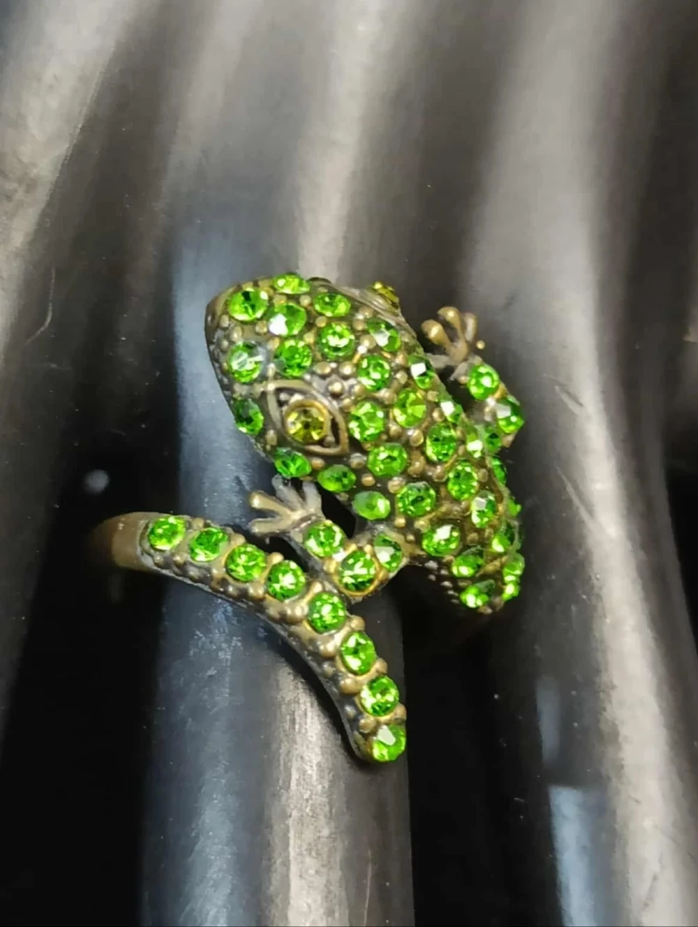 80’s Frog Wrap Ring Green Rhinestone Statement Adjustable Ring Sz.8